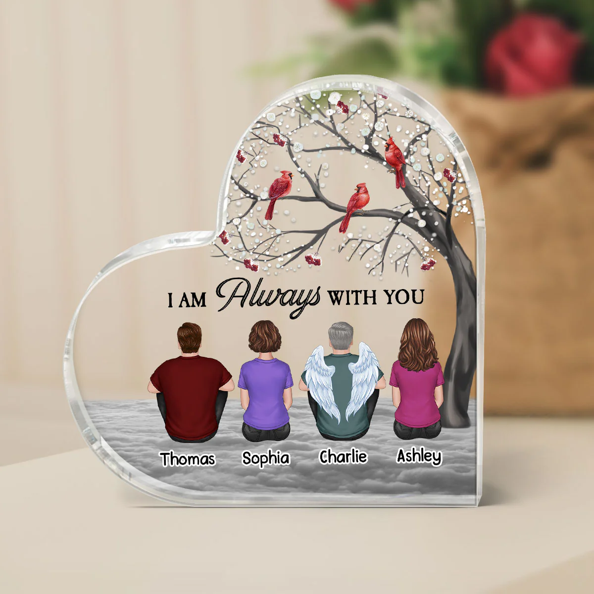 Blossom Tree Cardinal Always With You Cardinal Whole Family Memorial Remembrance Gift Personalized Heart Acrylic Plaque - Image 3
