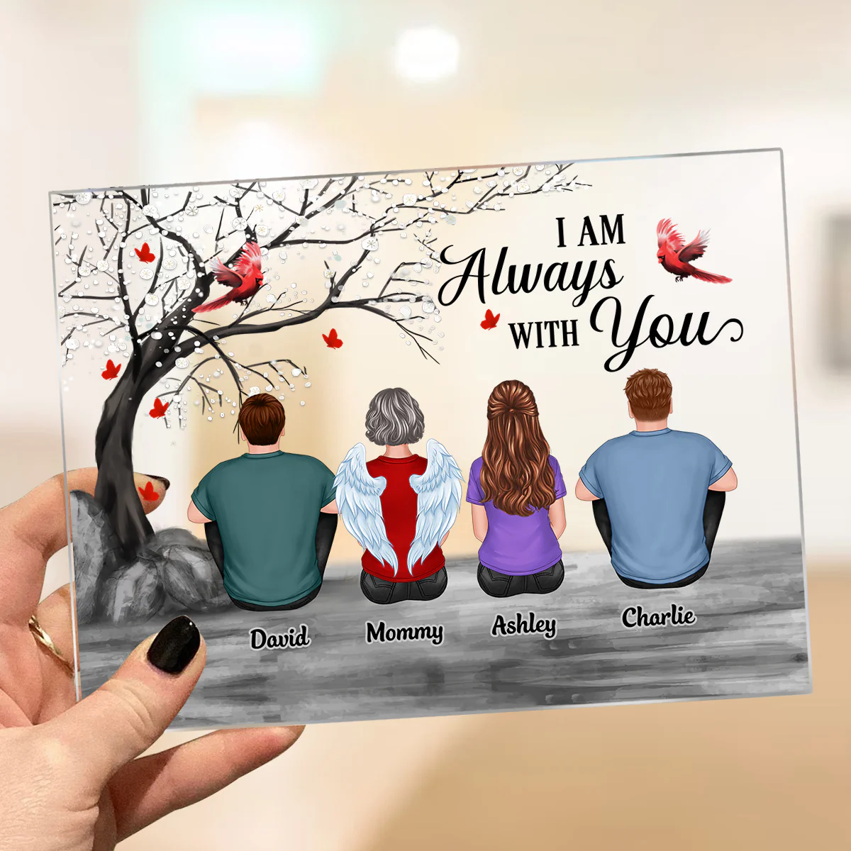 Blossom Tree Cardinal Whole Back View Family Sitting Remembrance Gift Memorial Personalized Acrylic Plaque - Image 3