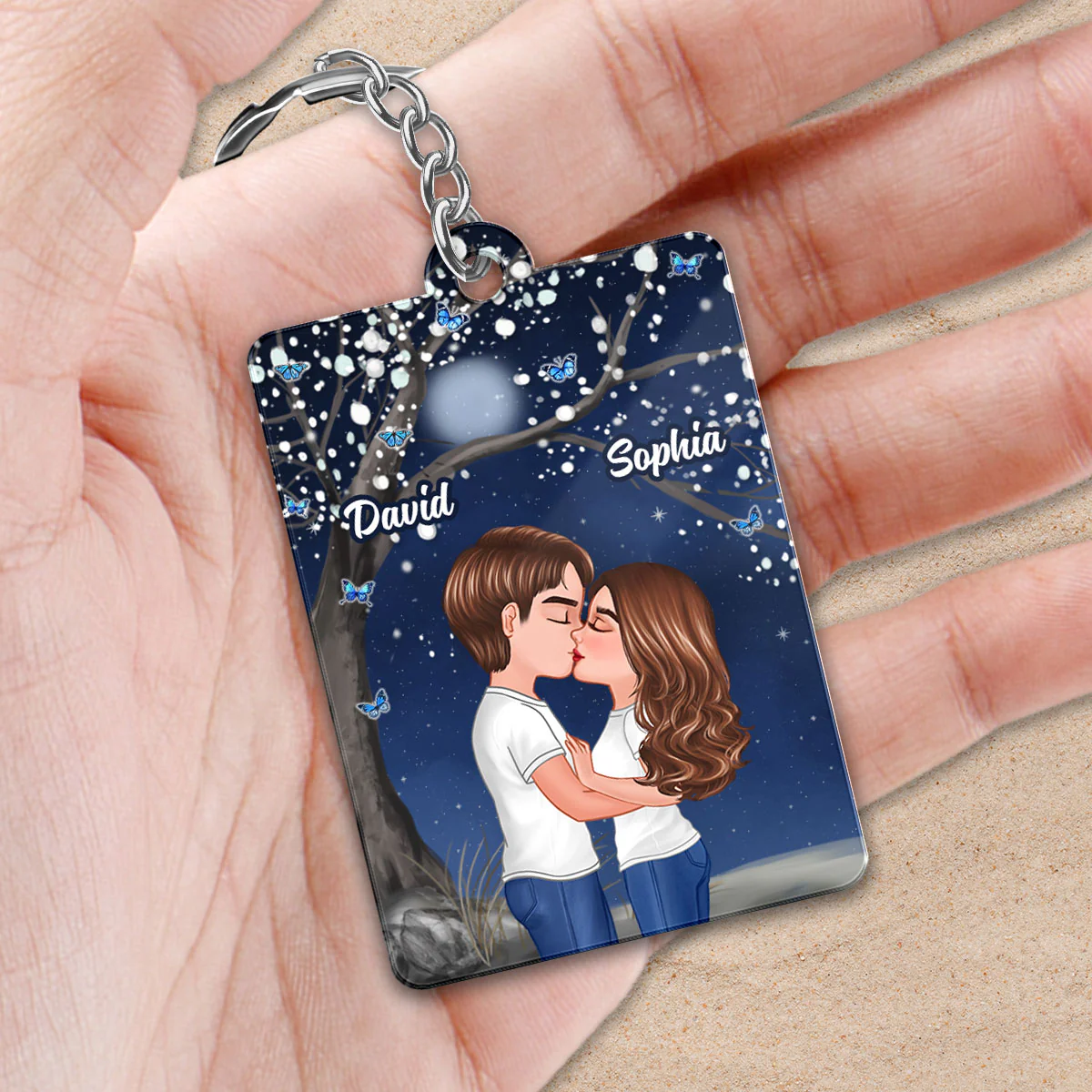 Blossom Tree Doll Couple Kissing In The Moon Night Favorite Song Scannable QR Code Personalized Acrylic Keychain - Image 2