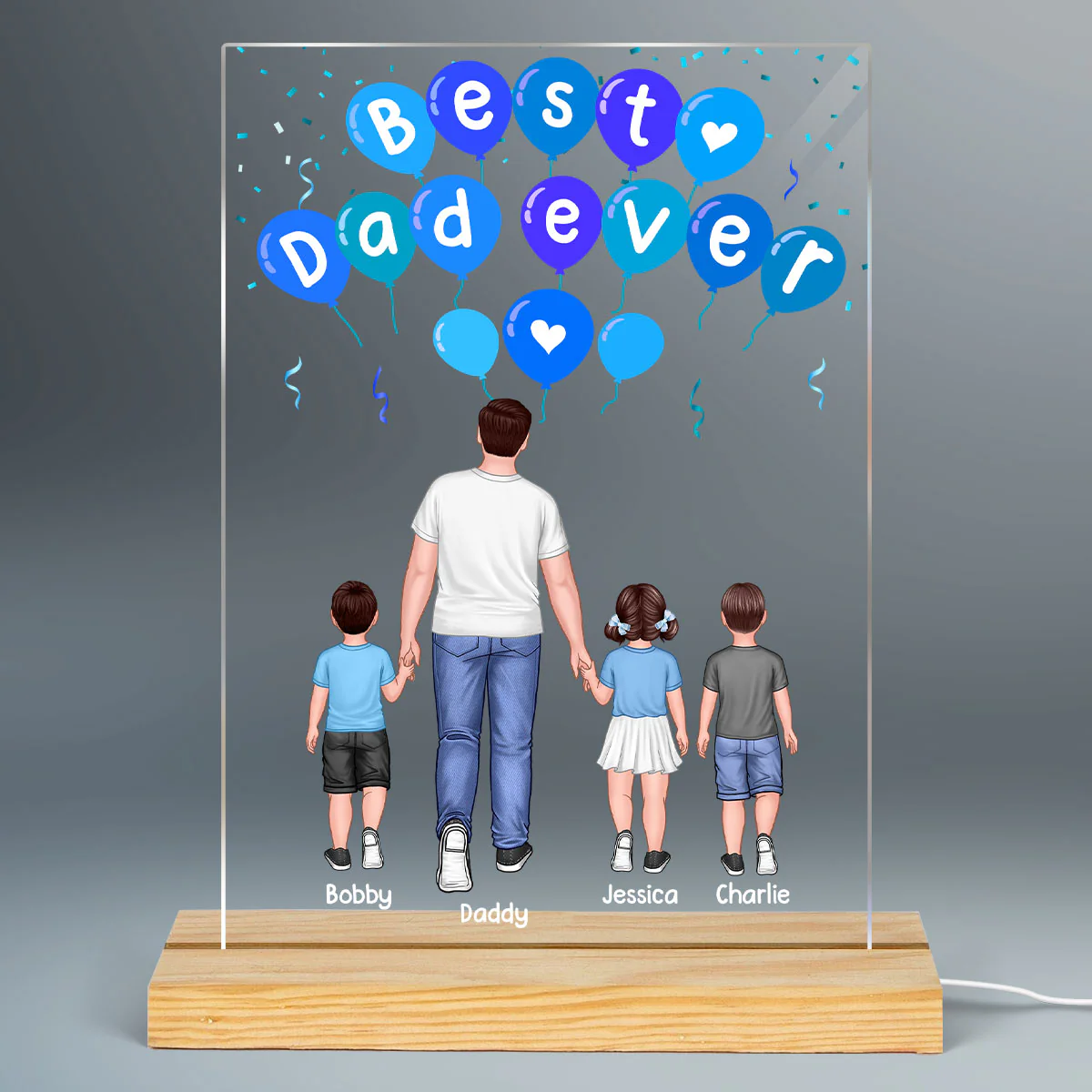 Blue Balloon Dad And Kids Back View Personalized Rectangle Acrylic LED Night Light - Image 2