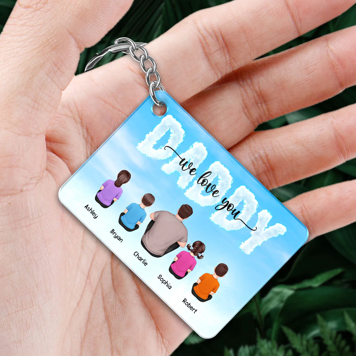 Blue Cloud Back View Dad And Kids Dogs Cats Sitting Personalized Acrylic Keychain - Image 2