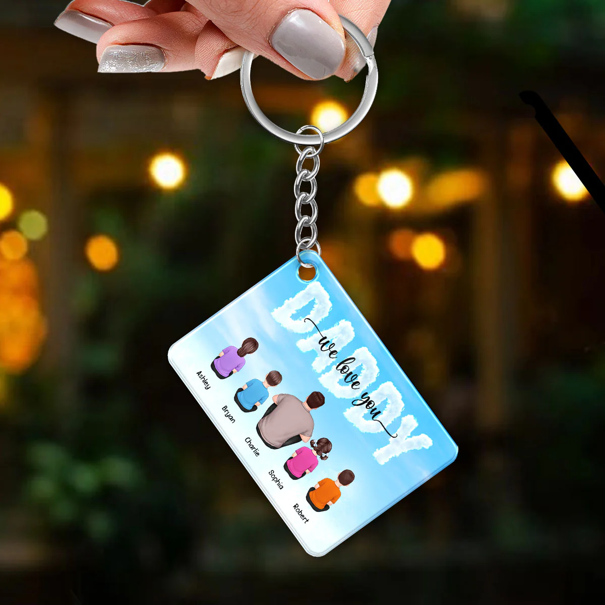 Blue Cloud Back View Dad And Kids Dogs Cats Sitting Personalized Acrylic Keychain - Image 3