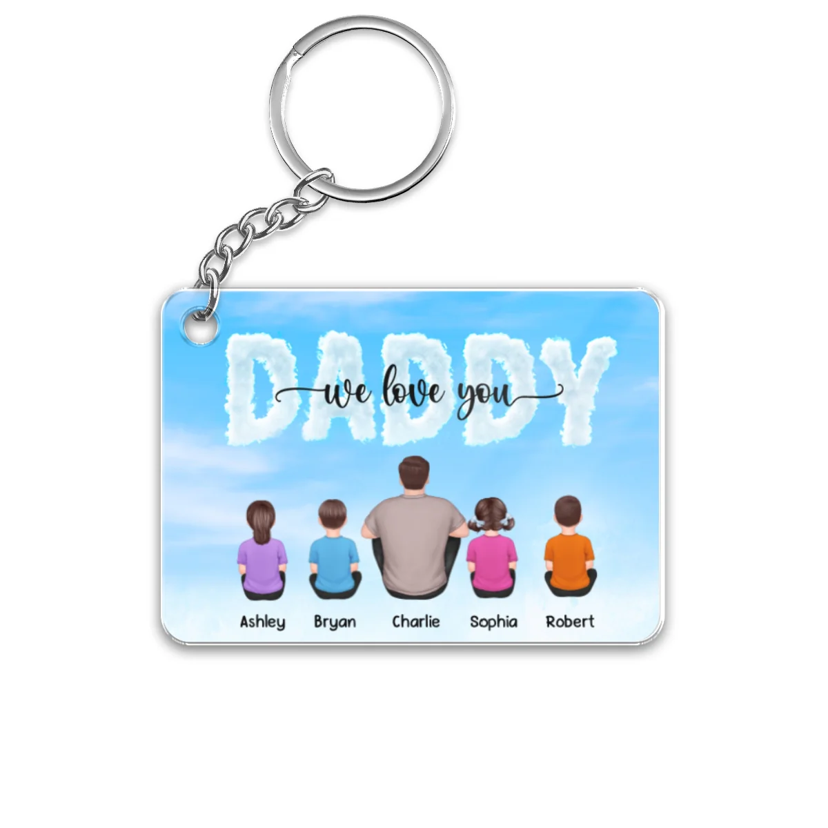 Blue Cloud Back View Dad And Kids Dogs Cats Sitting Personalized Acrylic Keychain - Image 4
