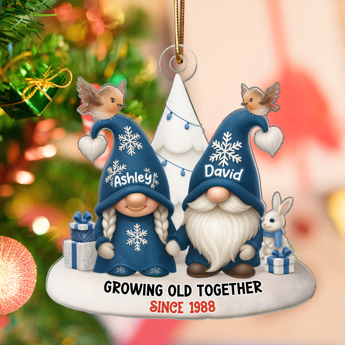 Blue Gnome Christmas Couple Growing Old Together Personalized Acrylic Ornament, Gift for him, Gift for her - Image 2