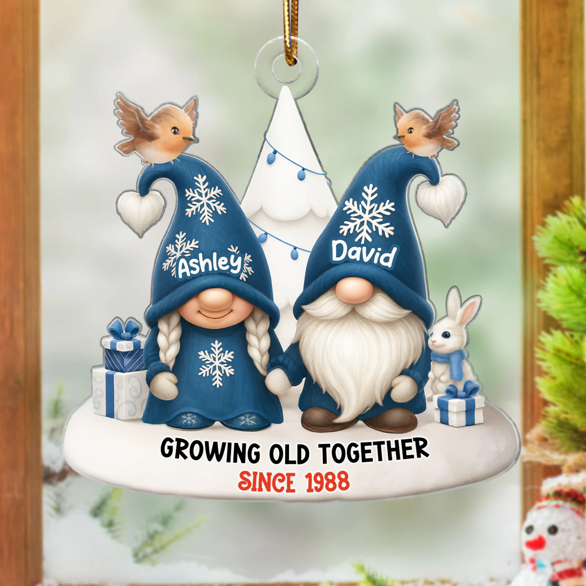 Blue Gnome Christmas Couple Growing Old Together Personalized Acrylic Ornament, Gift for him, Gift for her - Image 3