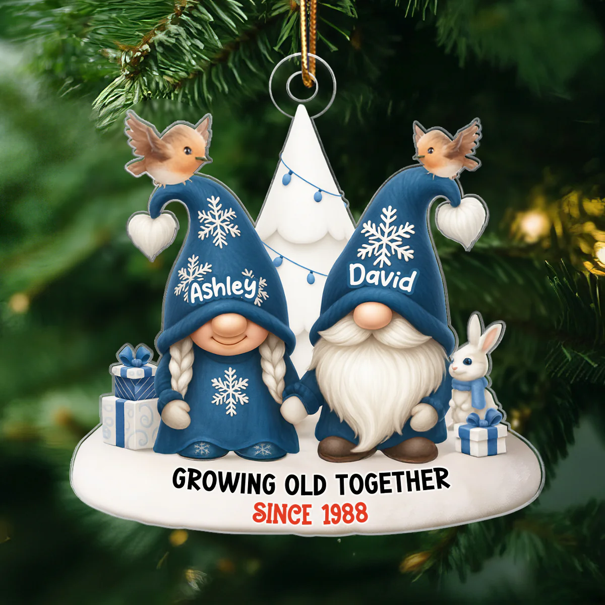 Blue Gnome Christmas Couple Growing Old Together Personalized Acrylic Ornament, Gift for him, Gift for her - Image 4
