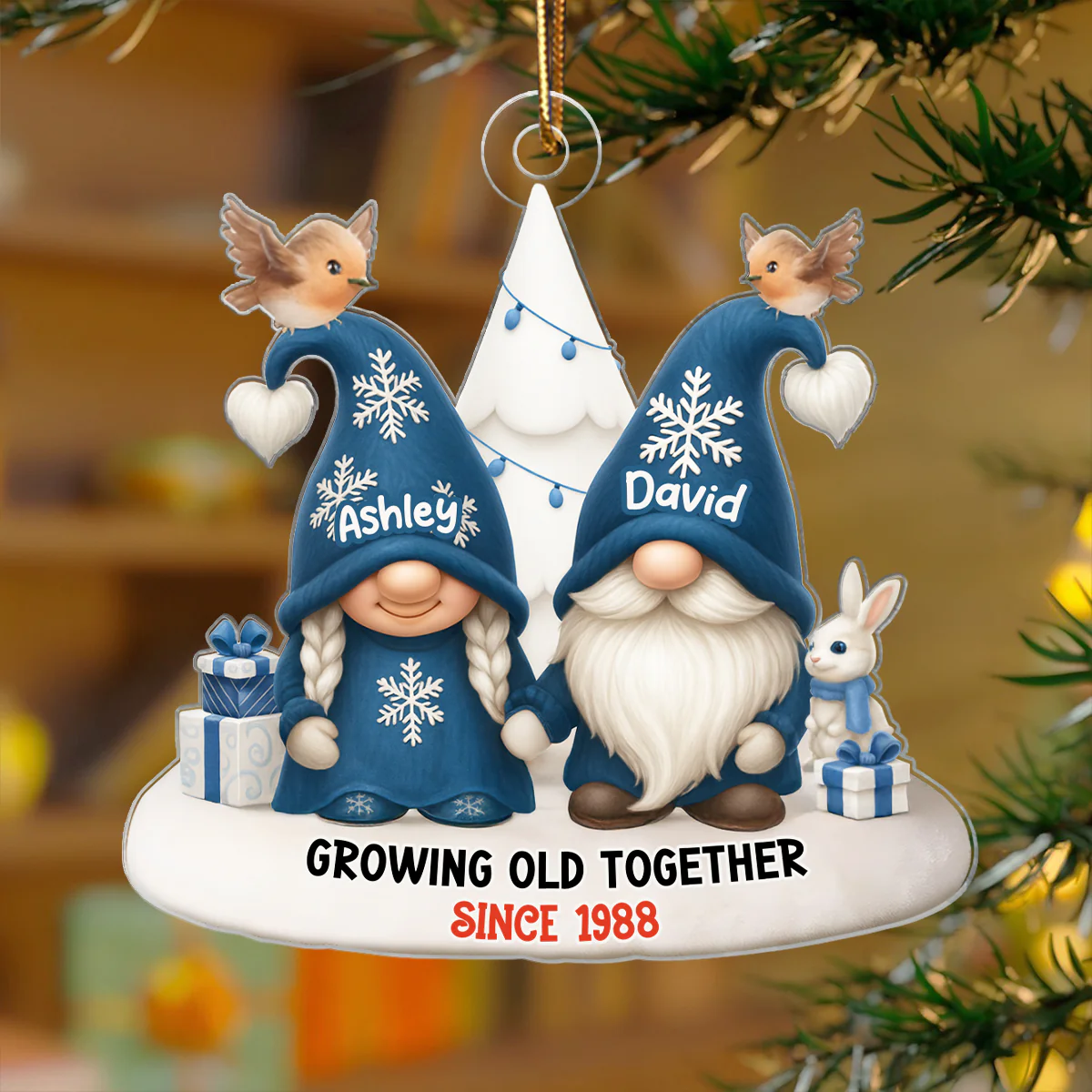 Blue Gnome Christmas Couple Growing Old Together Personalized Acrylic Ornament, Gift for him, Gift for her - Image 5
