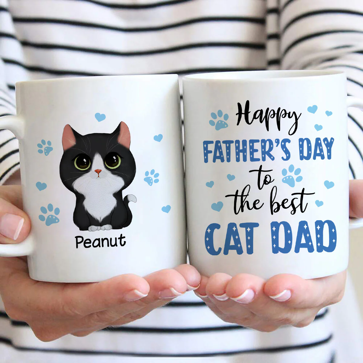 Blue Hearts Happy Father‘s Day To The Best Cat Dad Watercolor Cute Cats Personalized Mug - Image 2