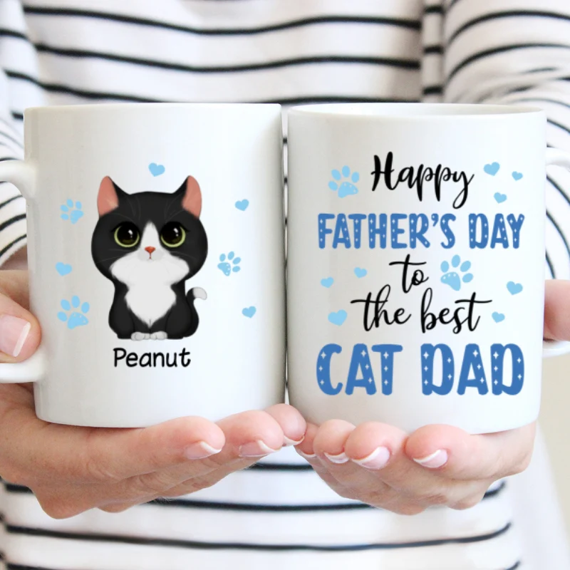 Blue Hearts Happy Father‘s Day To The Best Cat Dad Watercolor Cute Cats Personalized Mug - Image 5