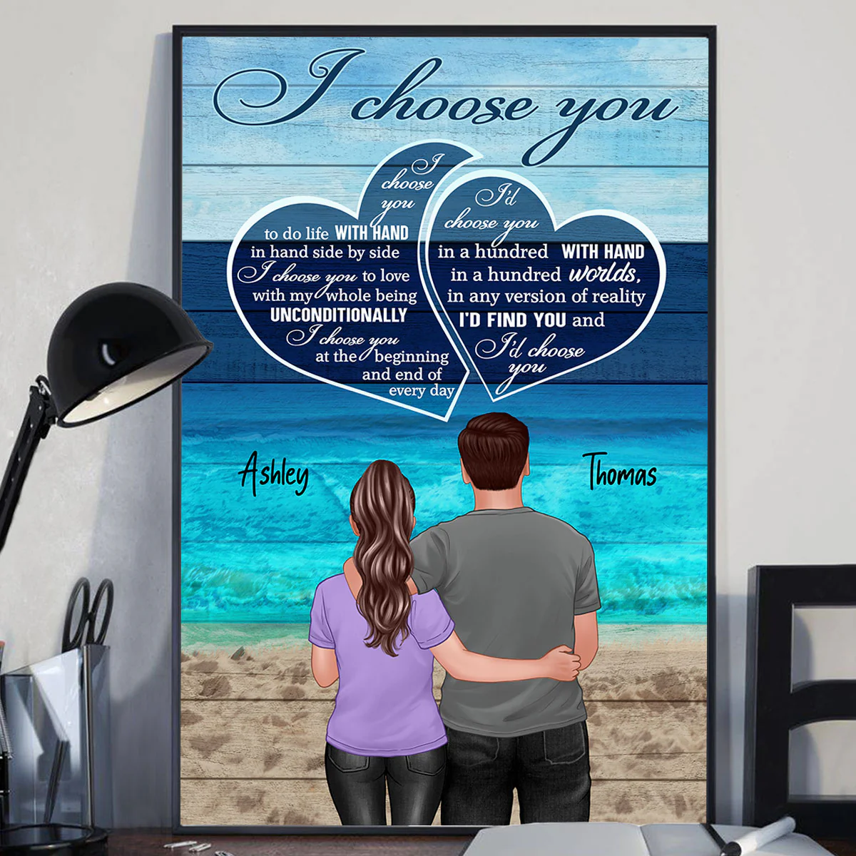 Blue Ocean Color Palette Back View Couple Standing Hugging Personalized Vertical Poster - Image 2