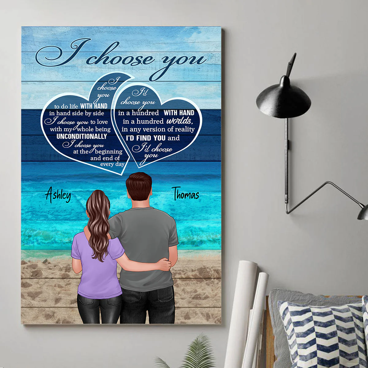 Blue Ocean Color Palette Back View Couple Standing Hugging Personalized Vertical Poster - Image 3