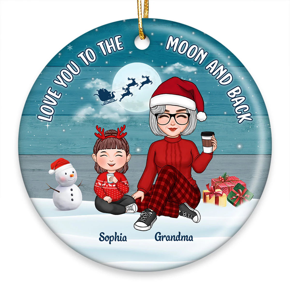 Blue Palette Cute Grandma & Grandkids Sitting On Snow Personalized Circle Ornament