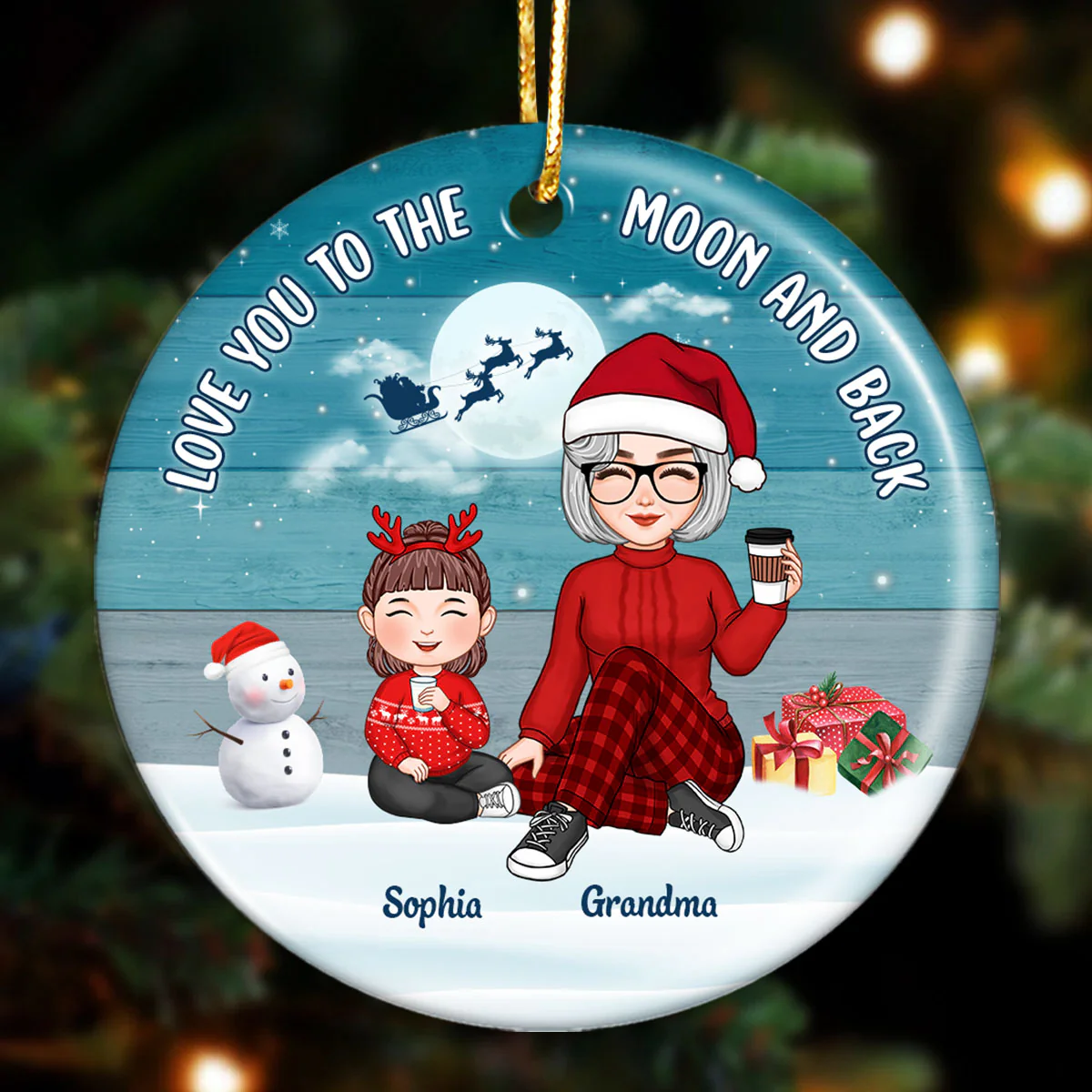 Blue Palette Cute Grandma & Grandkids Sitting On Snow Personalized Circle Ornament - Image 2
