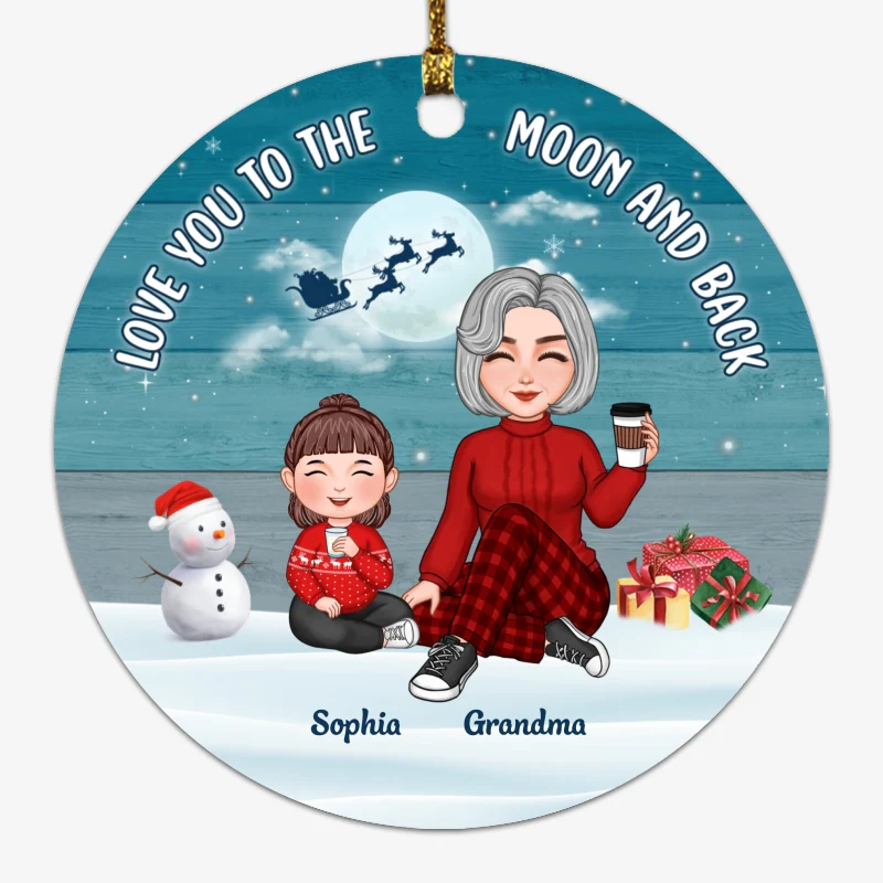 Blue Palette Cute Grandma & Grandkids Sitting On Snow Personalized Circle Ornament - Image 5