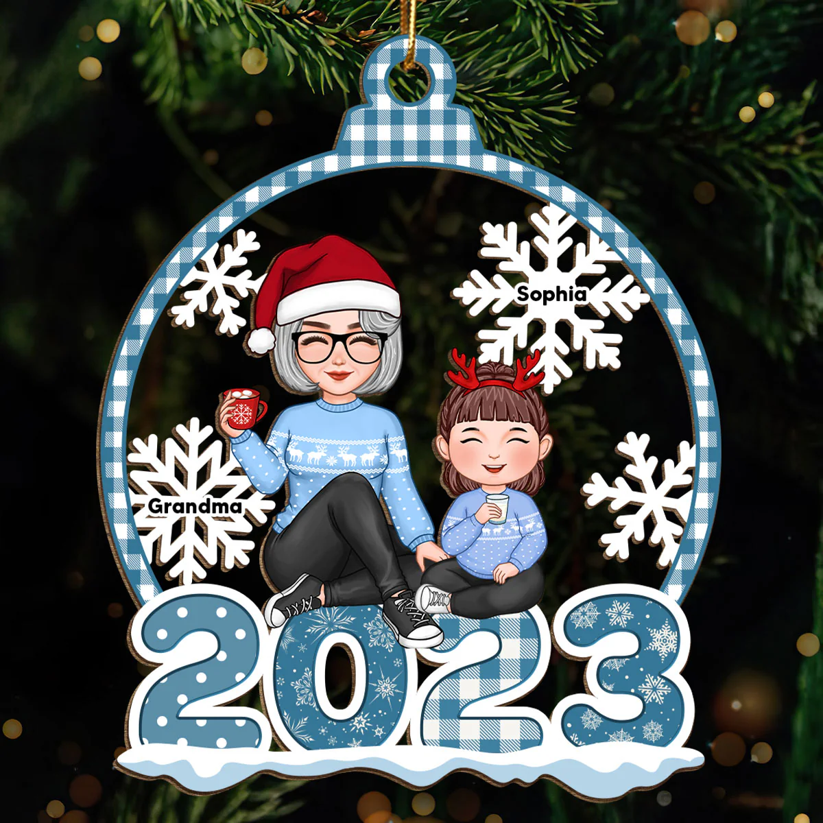Blue Pattern Snowflake Cute Grandma Grandkids Sitting On 2023 Personalized Wooden Ornament - Image 2