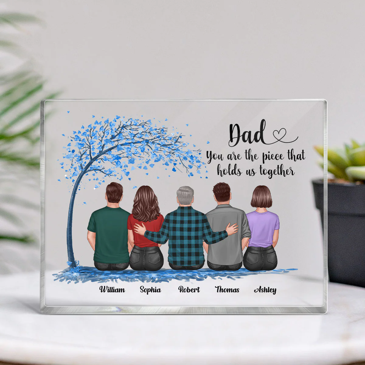 Blue Tree Back View Dad And Daughters Sons Sitting Personalized Horizontal Rectangle Acrylic Block