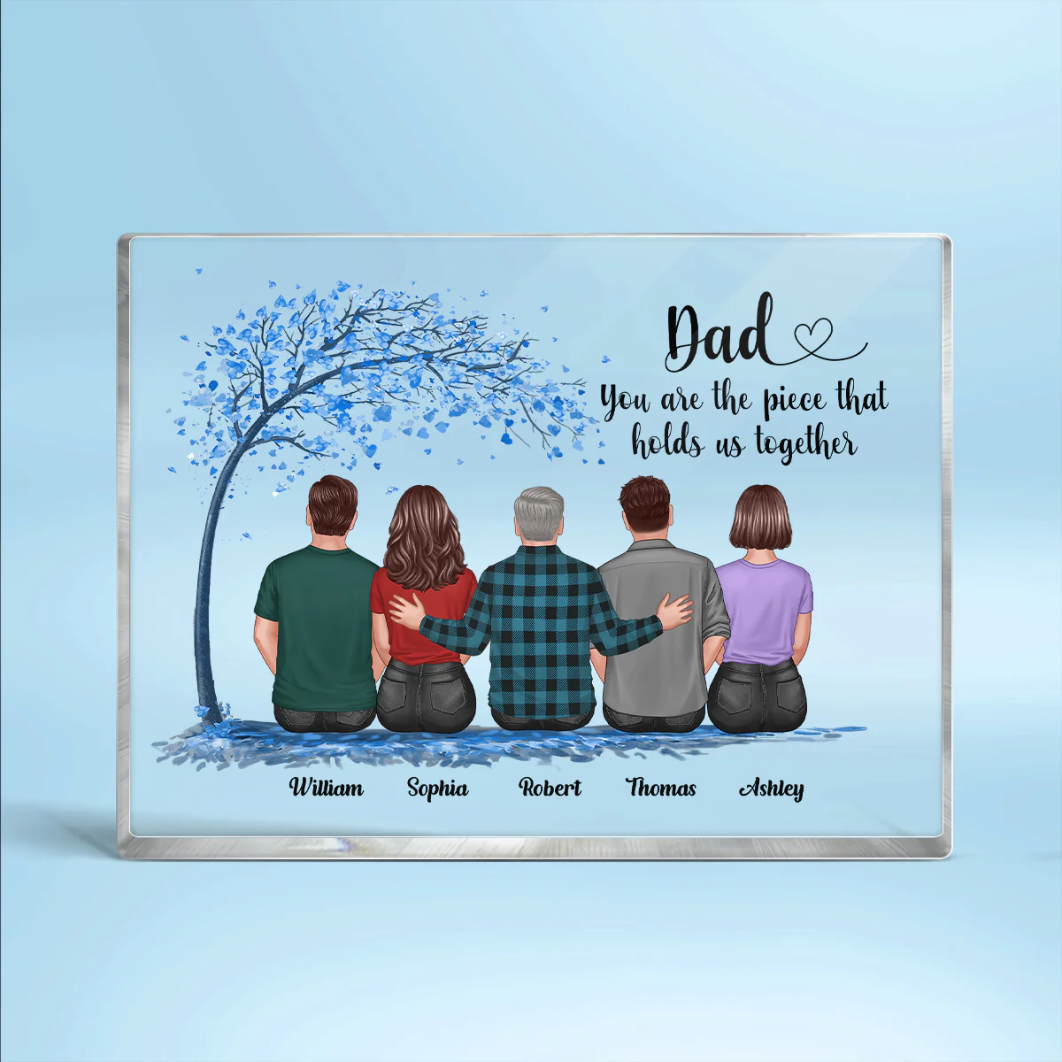 Blue Tree Back View Dad And Daughters Sons Sitting Personalized Horizontal Rectangle Acrylic Block - Image 2