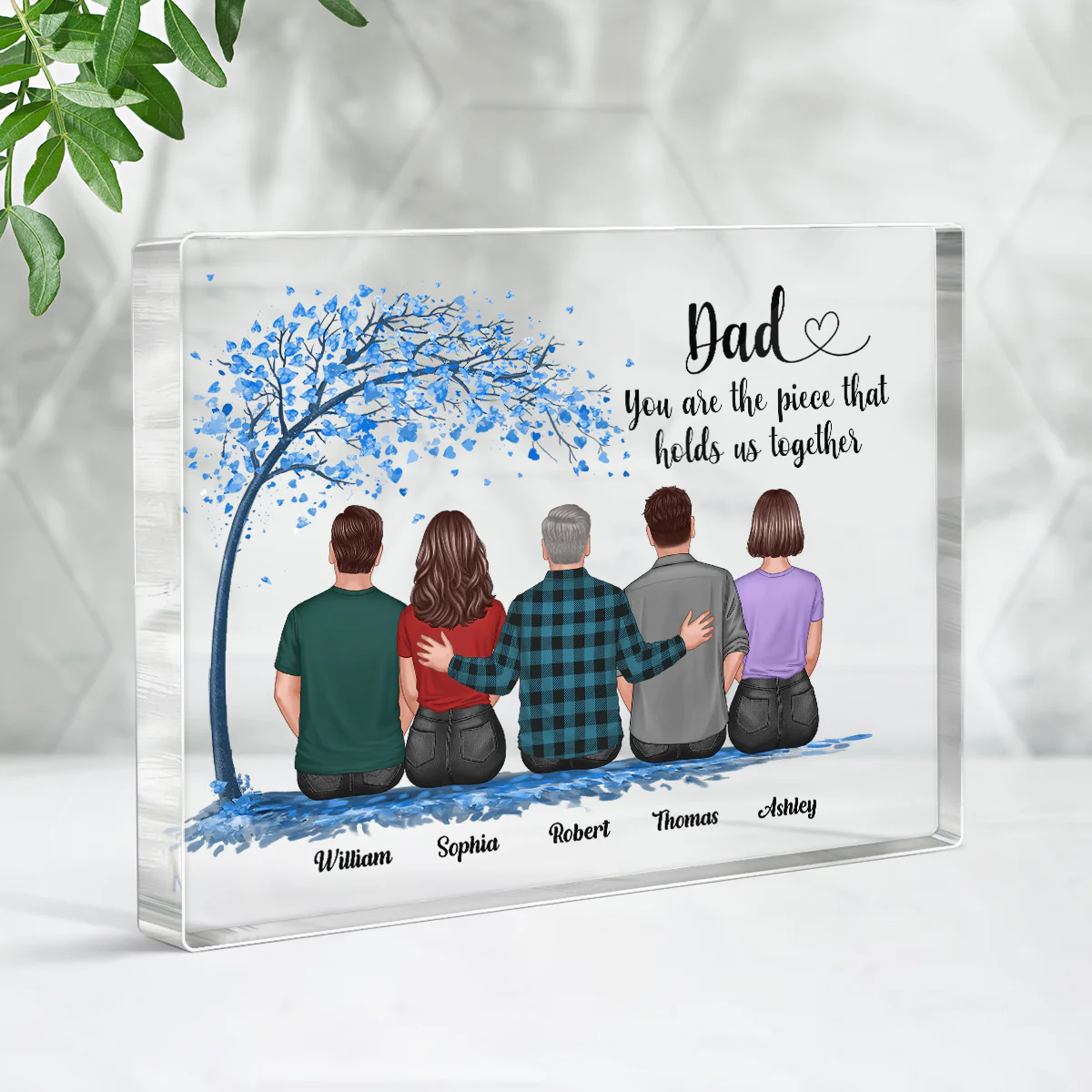 Blue Tree Back View Dad And Daughters Sons Sitting Personalized Horizontal Rectangle Acrylic Block - Image 3