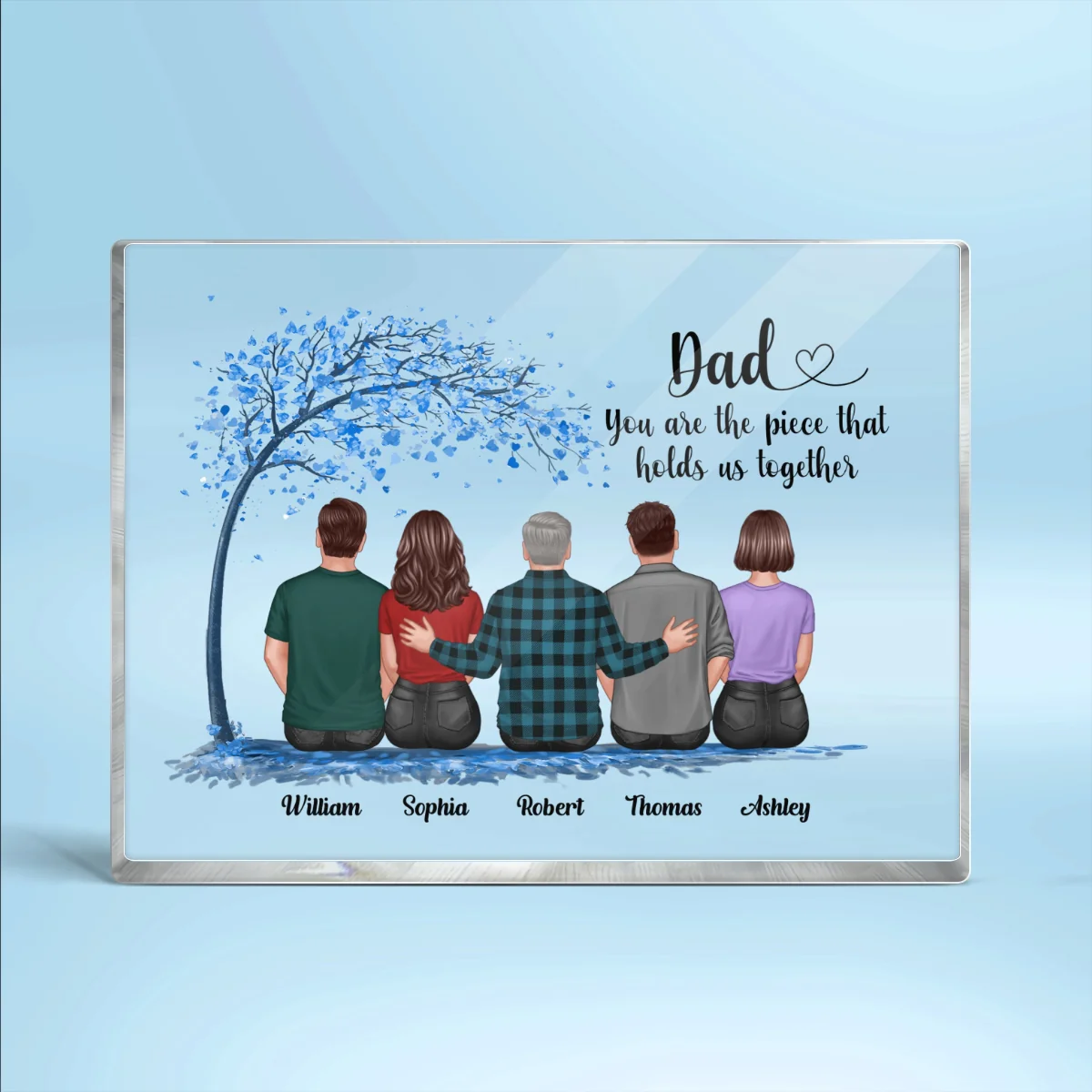 Blue Tree Back View Dad And Daughters Sons Sitting Personalized Horizontal Rectangle Acrylic Block - Image 4