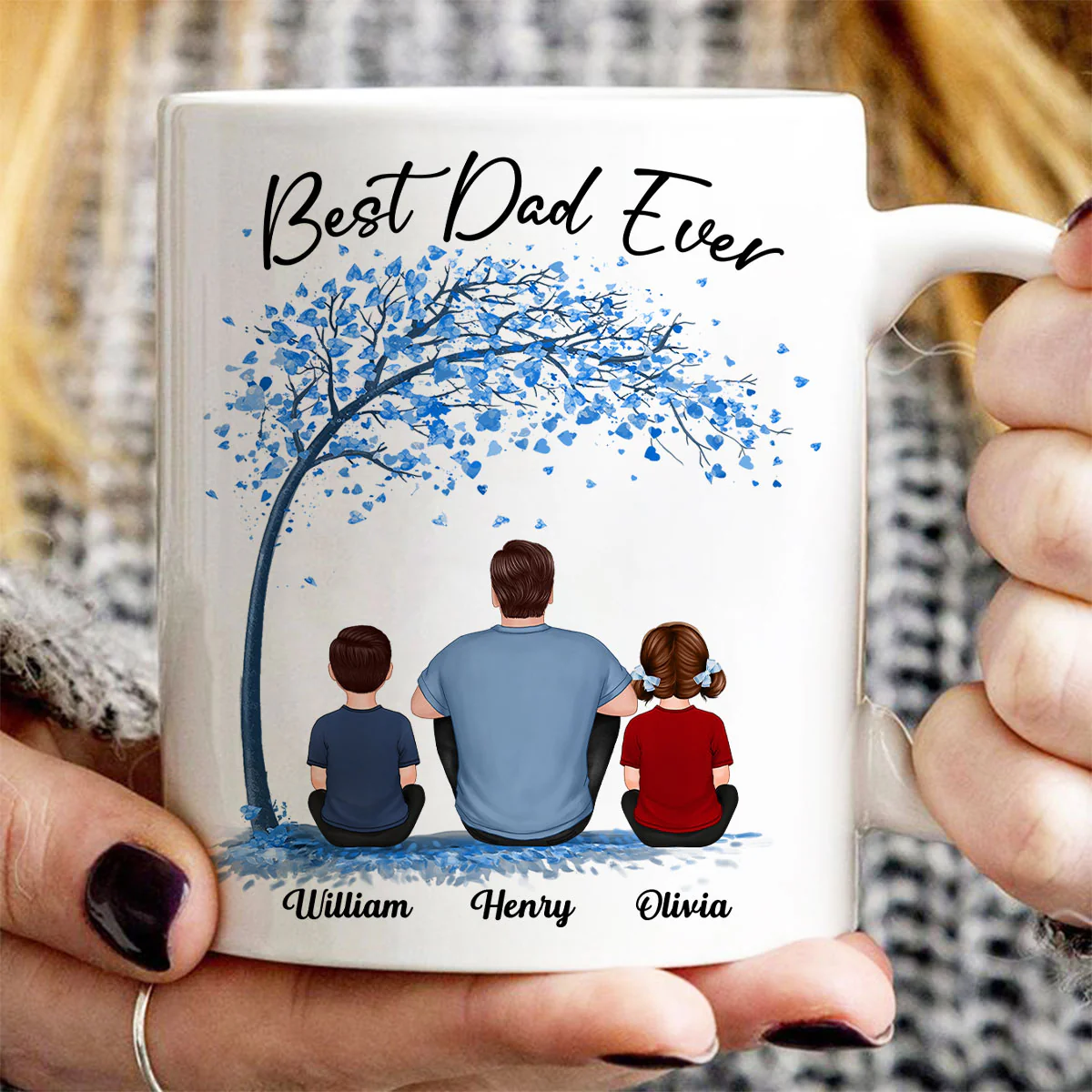Blue Tree Best Dad Ever Back View Man Sitting With Kids Dogs Cats Father‘s Day Gift Personalized Mug - Image 3