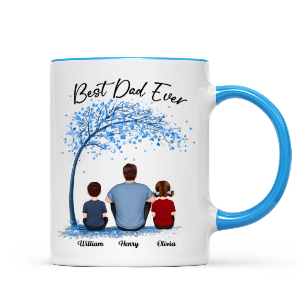 Blue Tree Best Dad Ever Back View Man Sitting With Kids Dogs Cats Father‘s Day Gift Personalized Mug - Image 8