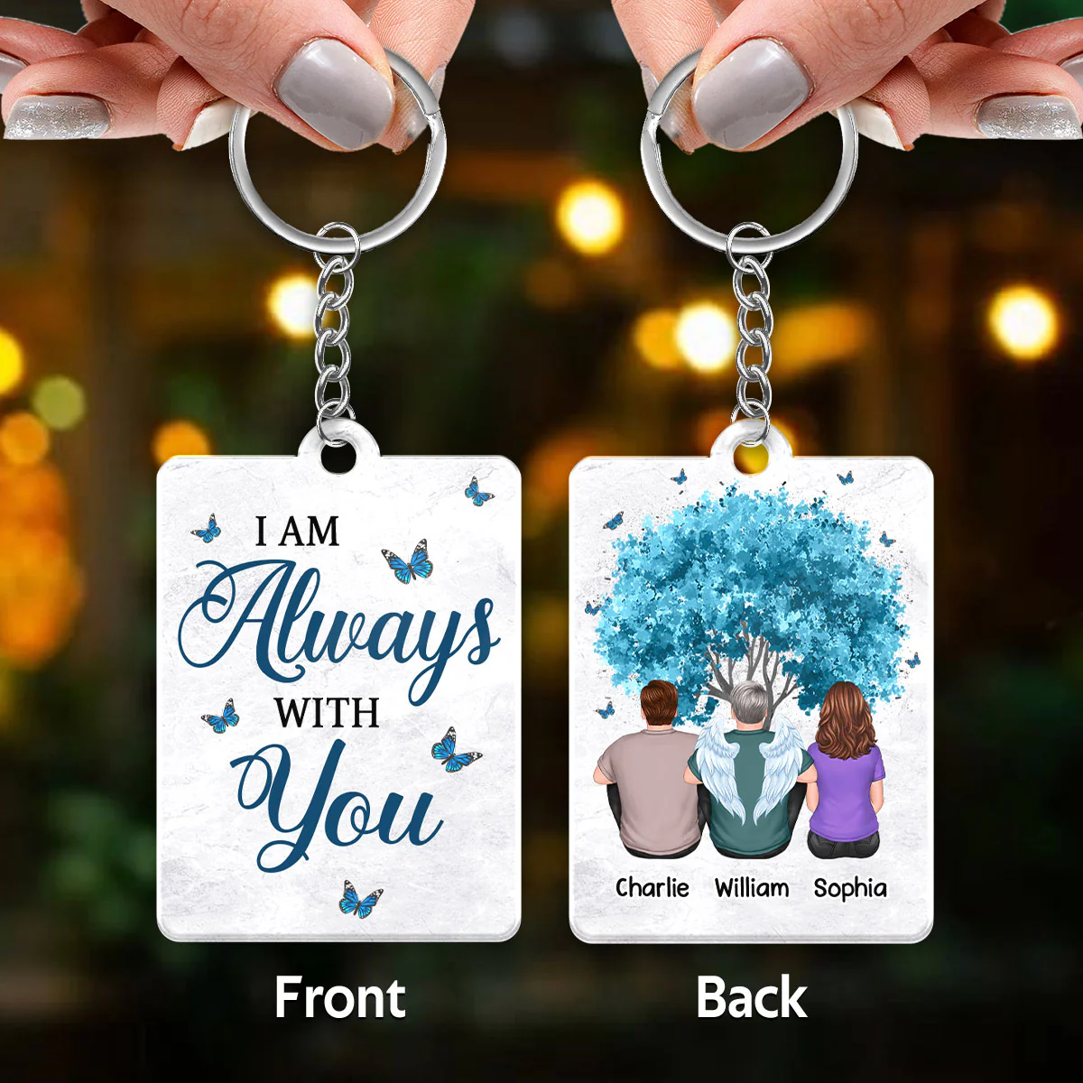 Blue Tree Butterflies Family Memorial Gift Remembrance Sympathy Keepsake Personalized Acrylic Keychain - Image 3