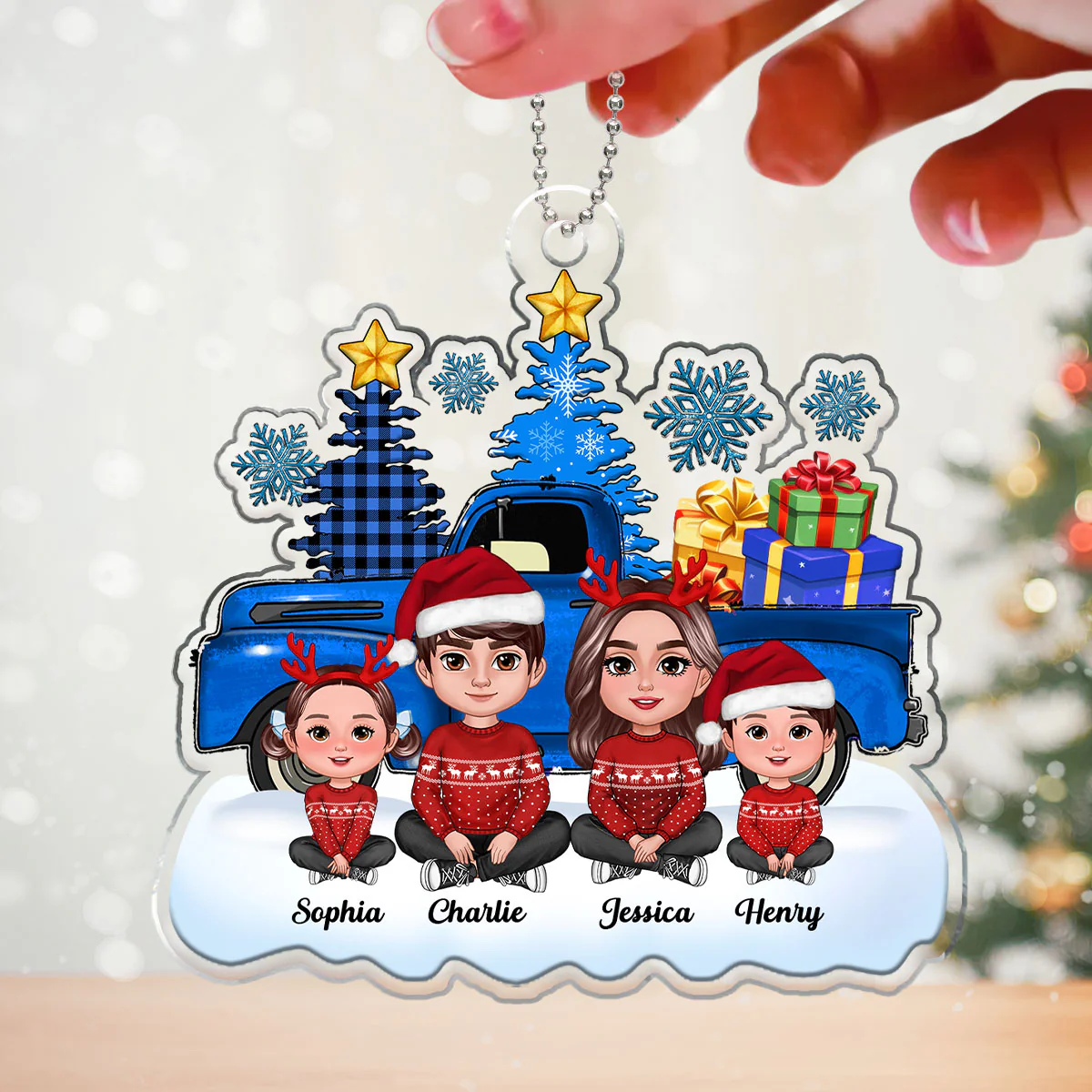 Blue Truck Christmas Family Personalized Acrylic Ornament - Image 3