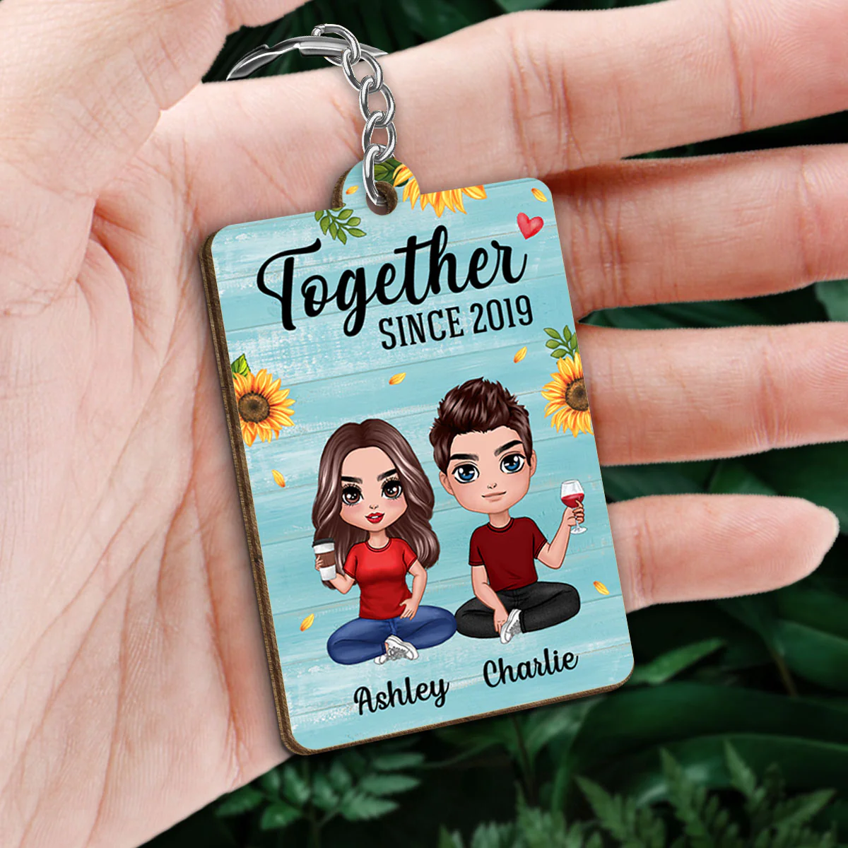 Blue Wood Doll Couple Sitting Favorite Song QR Code Personalized Wooden Keychain - Image 2