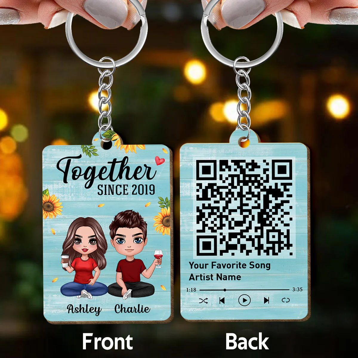 Blue Wood Doll Couple Sitting Favorite Song QR Code Personalized Wooden Keychain - Image 3