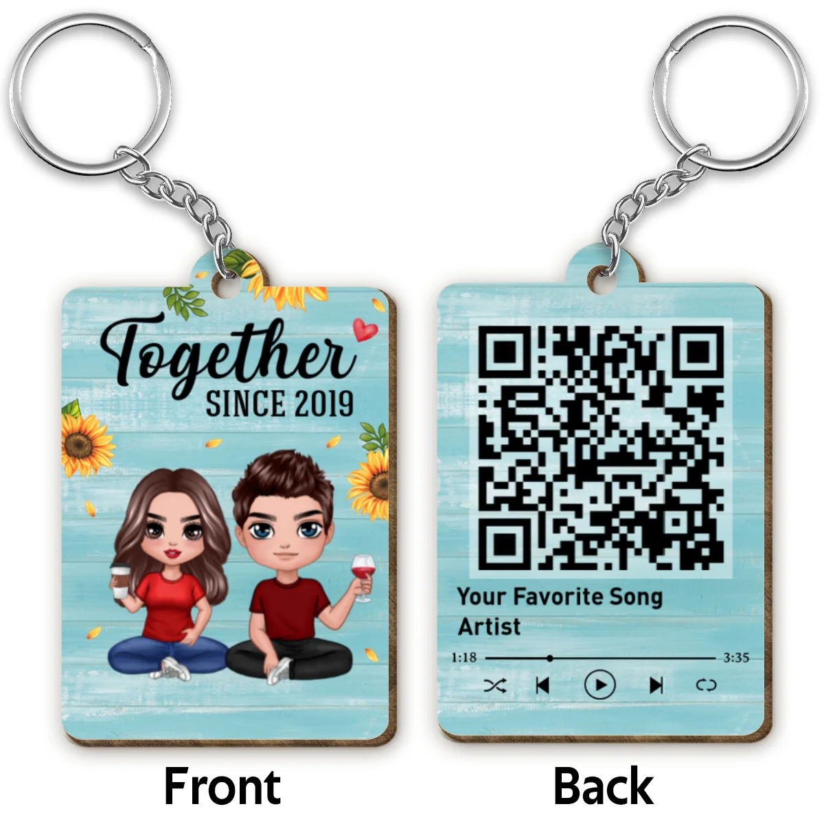Blue Wood Doll Couple Sitting Favorite Song QR Code Personalized Wooden Keychain - Image 4