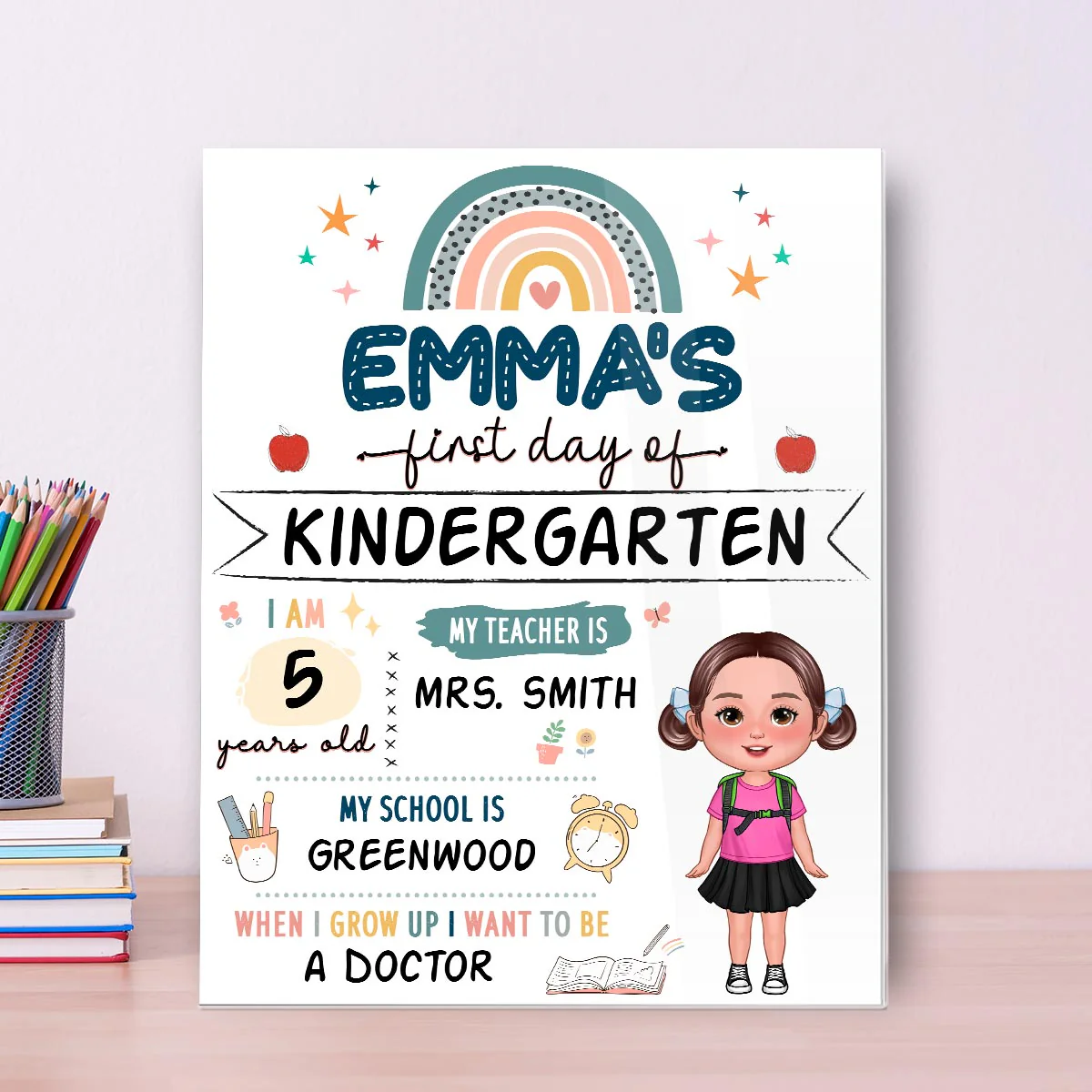 Boho Rainbow Cute Kid Personalized Back To School Sign