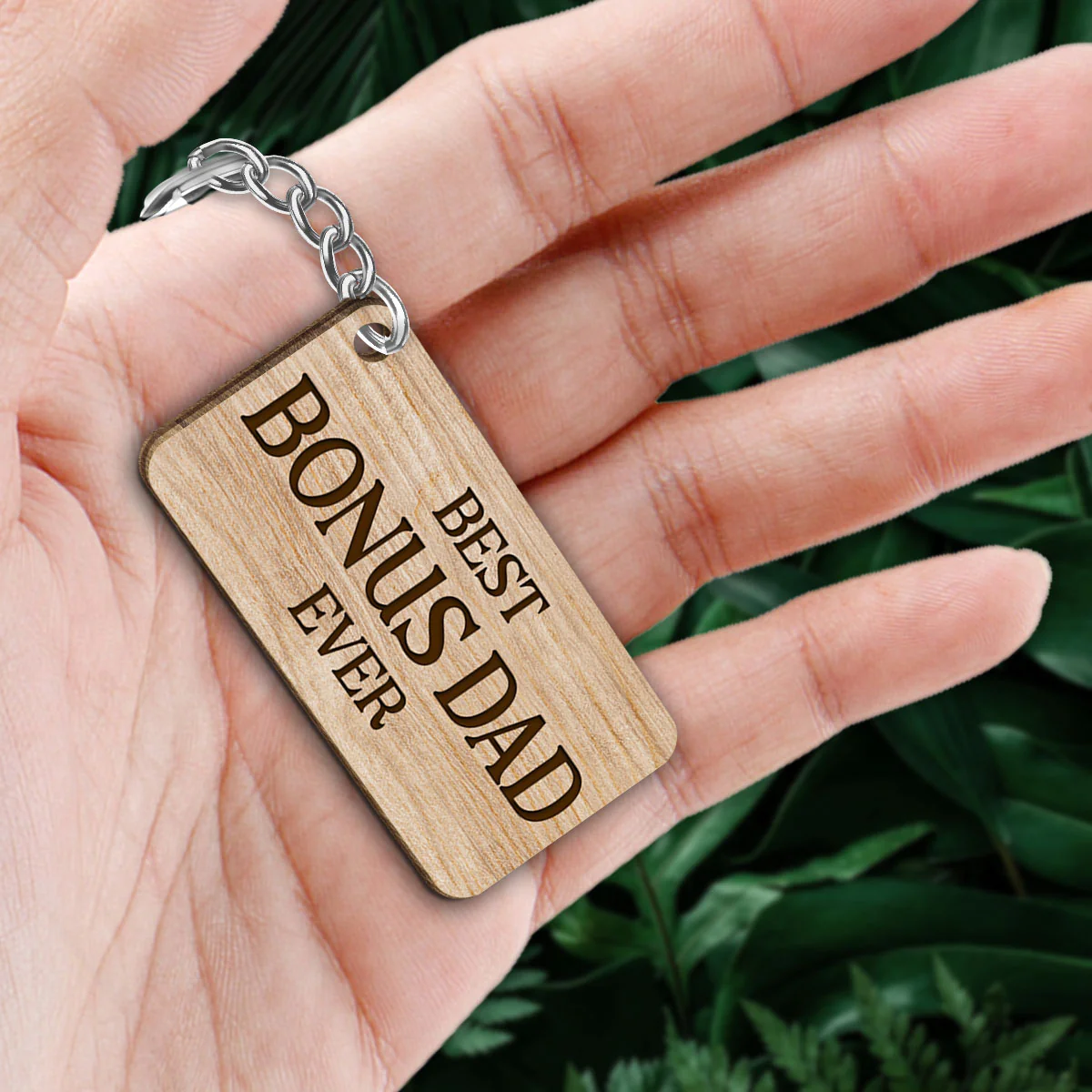Bonus Dad Back View Man Kids Dog Cat Personalized Wooden Keychain - Image 2