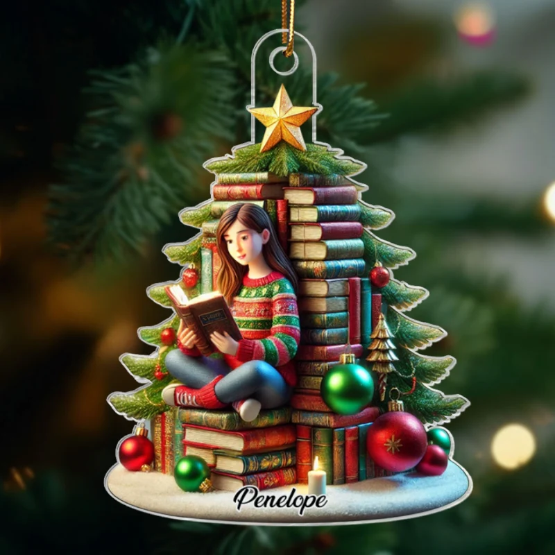 Book Christmas Tree Girl Sitting Acrylic Ornament, Personalized Book Christmas Tree Ornament, Christmas Gift For Book Lovers - Image 8