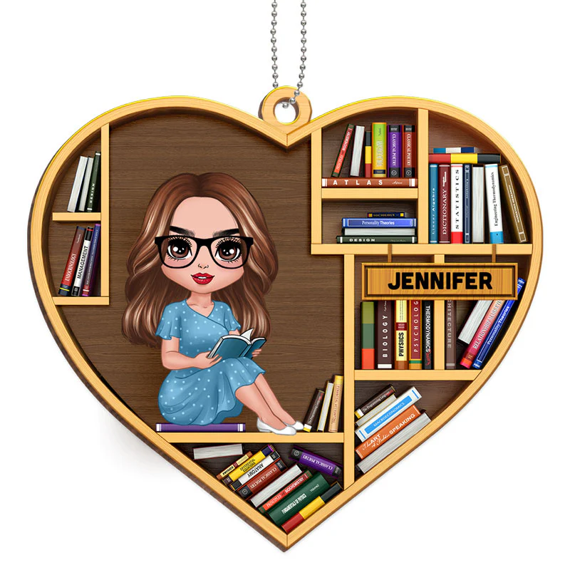 Bookshelf Book Lover Book Worm Personalized Christmas Wooden Ornament
