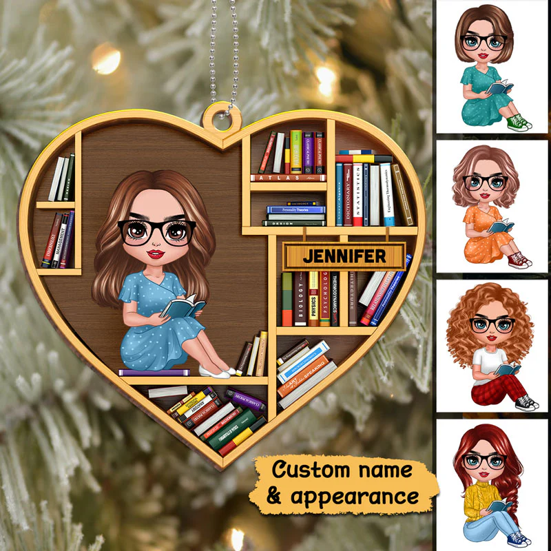 Bookshelf Book Lover Book Worm Personalized Christmas Wooden Ornament - Image 2