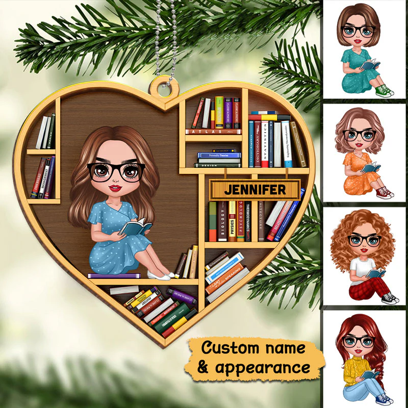 Bookshelf Book Lover Book Worm Personalized Christmas Wooden Ornament - Image 3