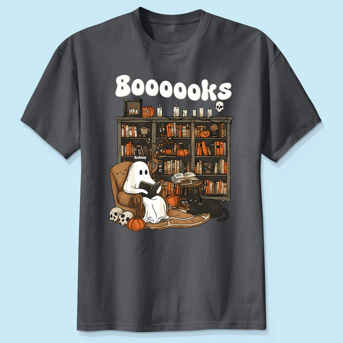 Booooks Retro Ghost Reading Books Personalized Halloween Shirt for Book Lover, Librarian, Teacher