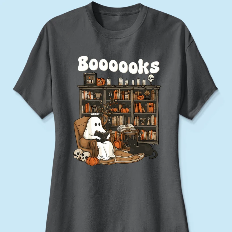 Booooks Retro Ghost Reading Books Personalized Halloween Shirt for Book Lover, Librarian, Teacher - Image 11