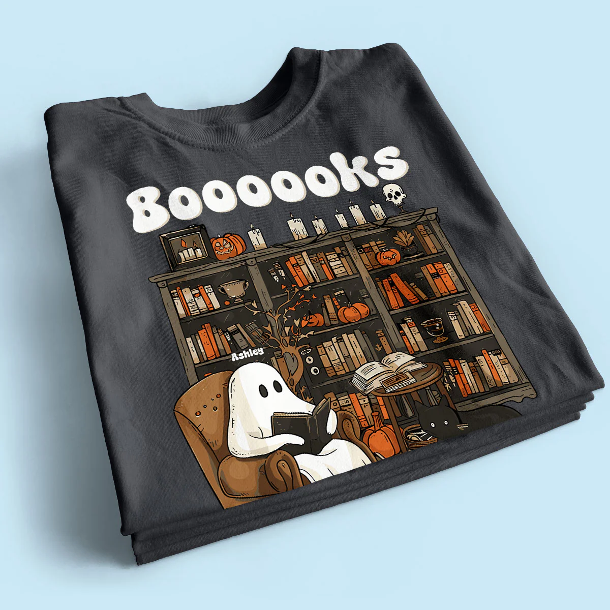 Booooks Retro Ghost Reading Books Personalized Halloween Shirt for Book Lover, Librarian, Teacher - Image 2
