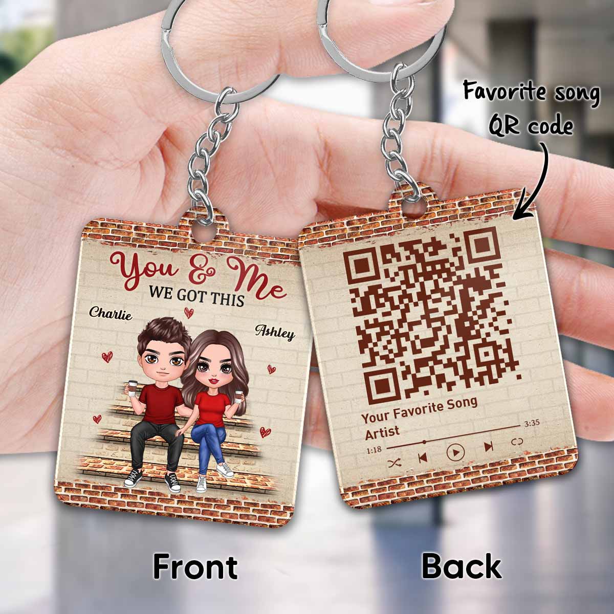 Brick Background Doll Couple Favorite Song Scannable QR Code Personalized Acrylic Keychain - Image 3