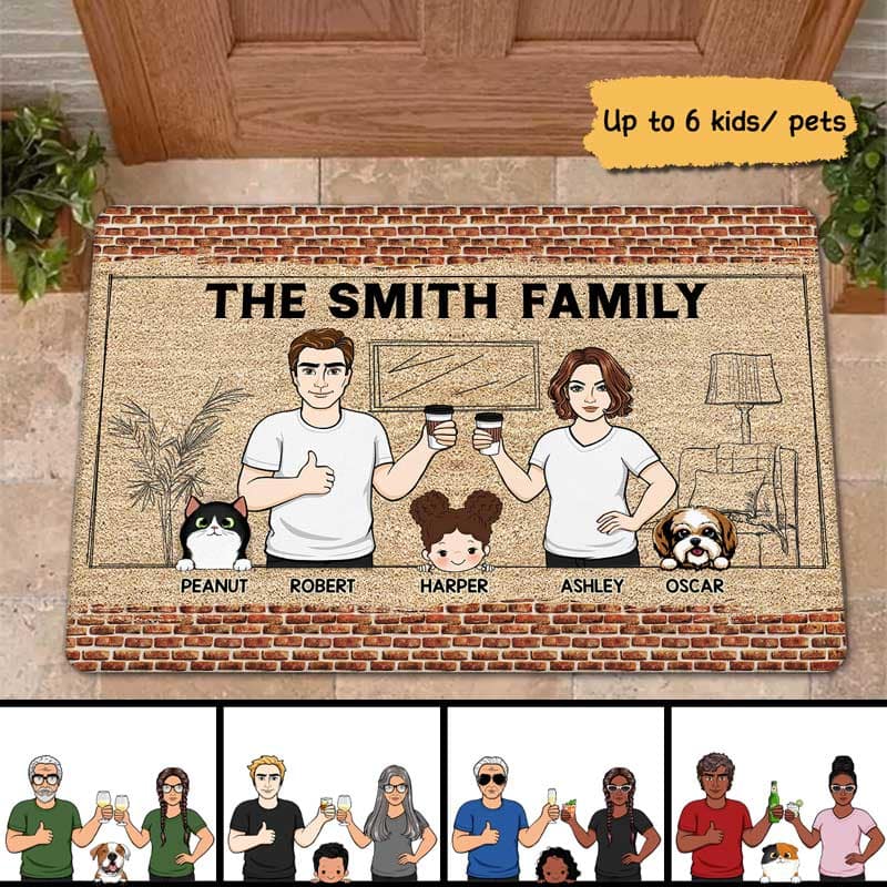 Brick Background Family Dad Mom Kids Dogs Cats Personalized Doormat - Image 2