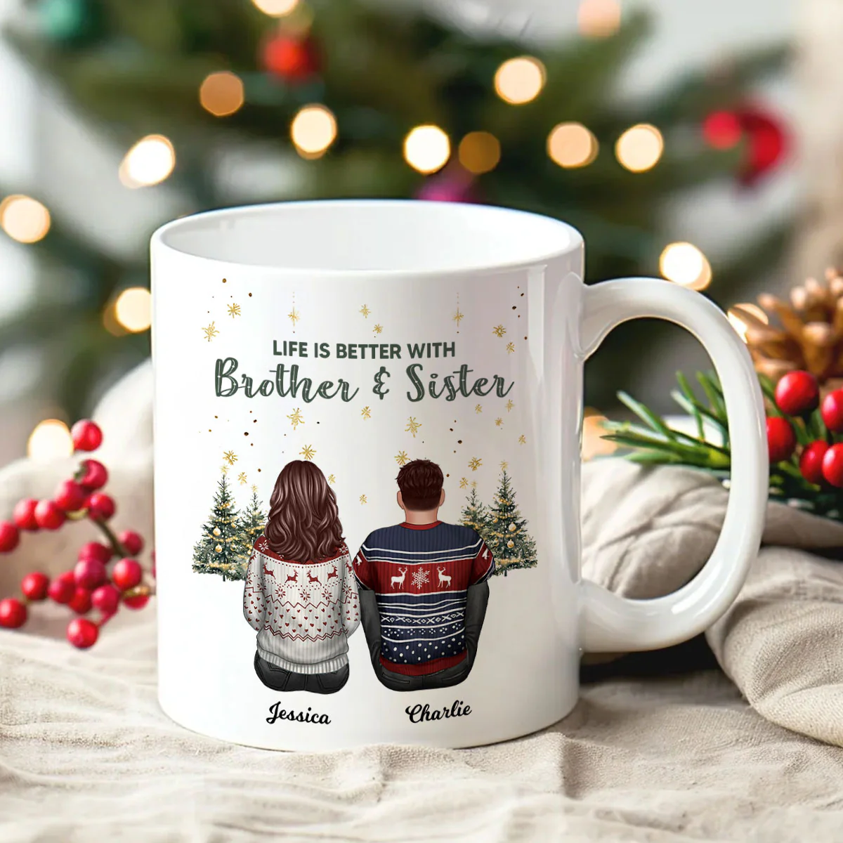 Brother Sisters Christmas Tree Personalized Mug, Christmas Gift for Siblings - Image 2