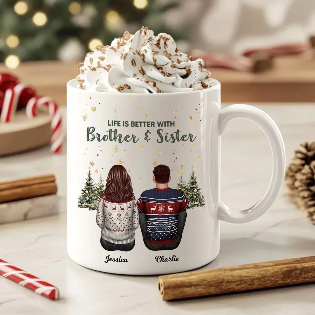 Brother Sisters Christmas Tree Personalized Mug, Christmas Gift for Siblings - Image 3