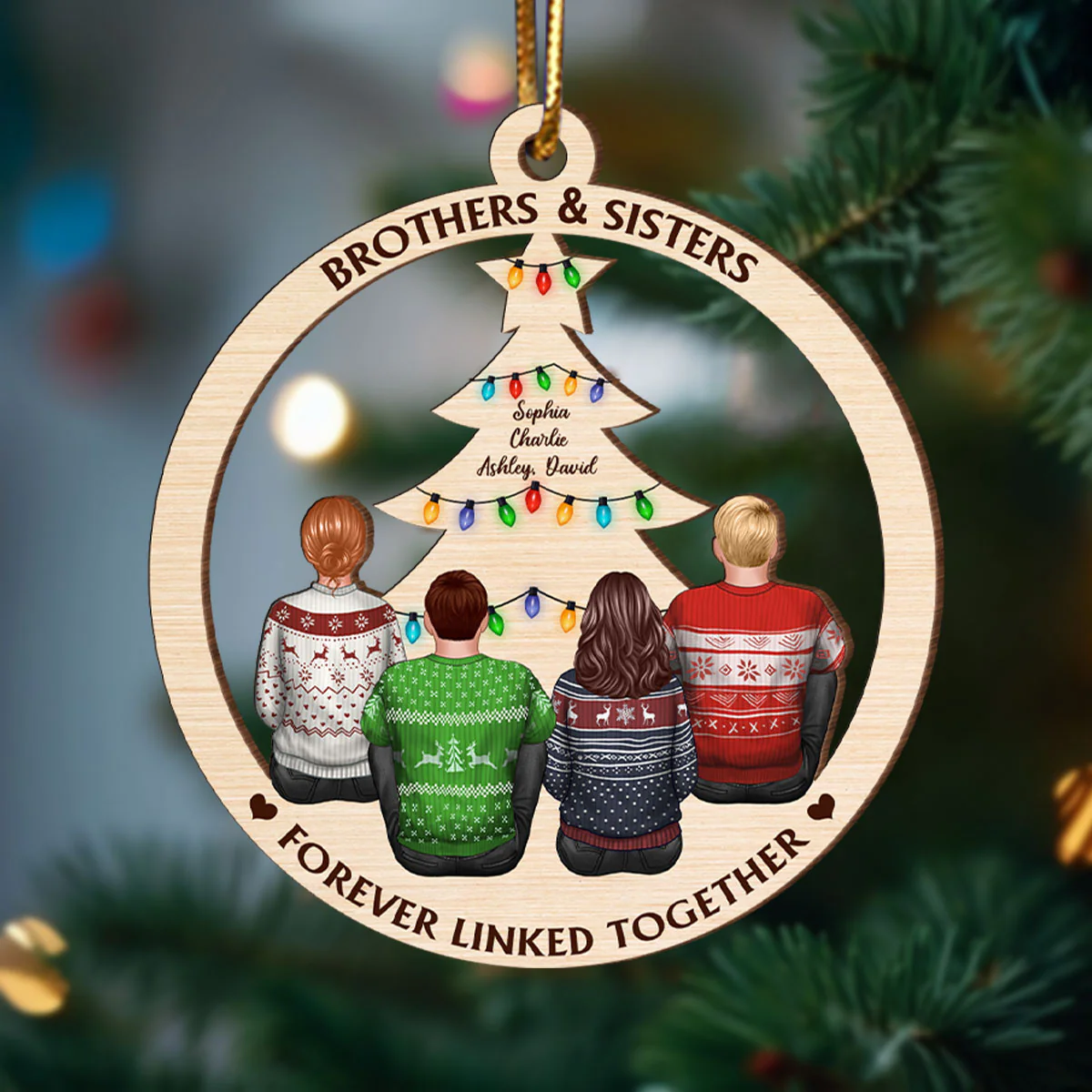 Brother & Sisters Forever Linked Together Christmas Tree Personalized Wooden Ornament - Image 3