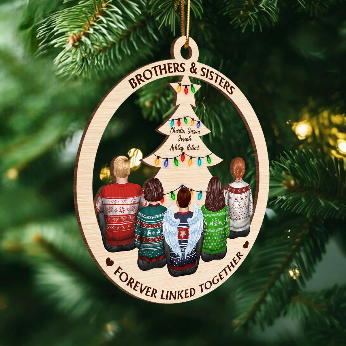 Brother & Sisters Forever Linked Together Christmas Tree Personalized Wooden Ornament - Image 6