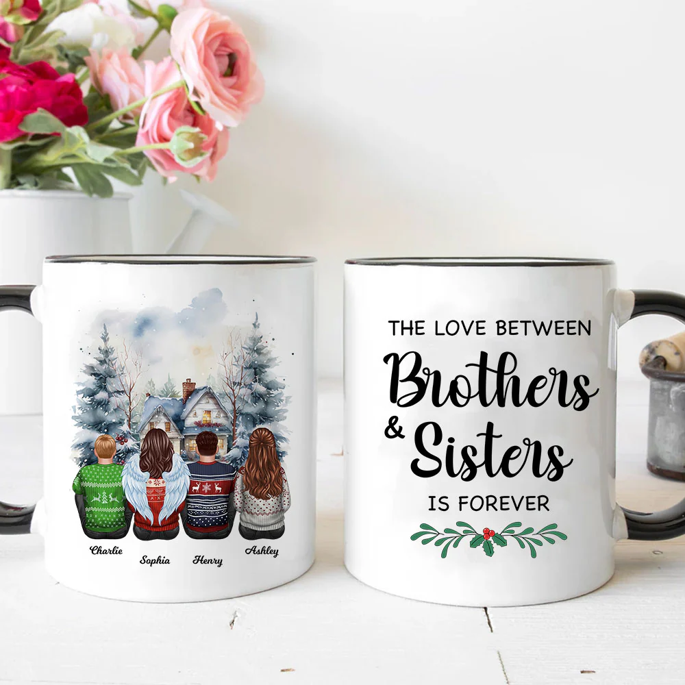 Brother Sisters Watercolor Christmas House Personalized Mug, Christmas Gift for Siblings - Image 2