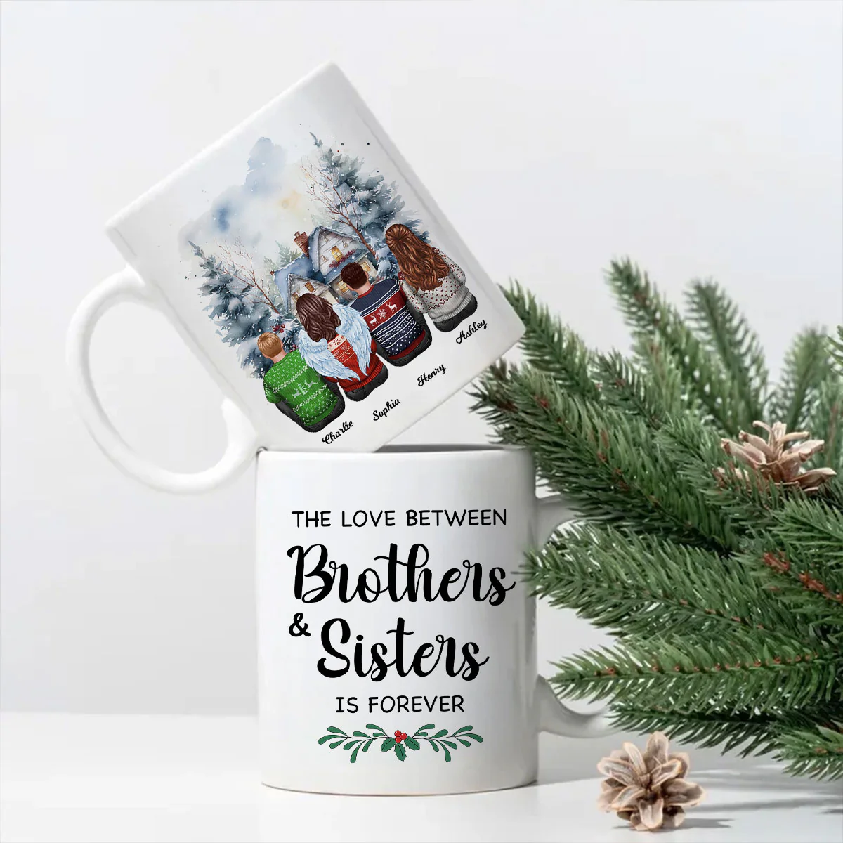 Brother Sisters Watercolor Christmas House Personalized Mug, Christmas Gift for Siblings - Image 3