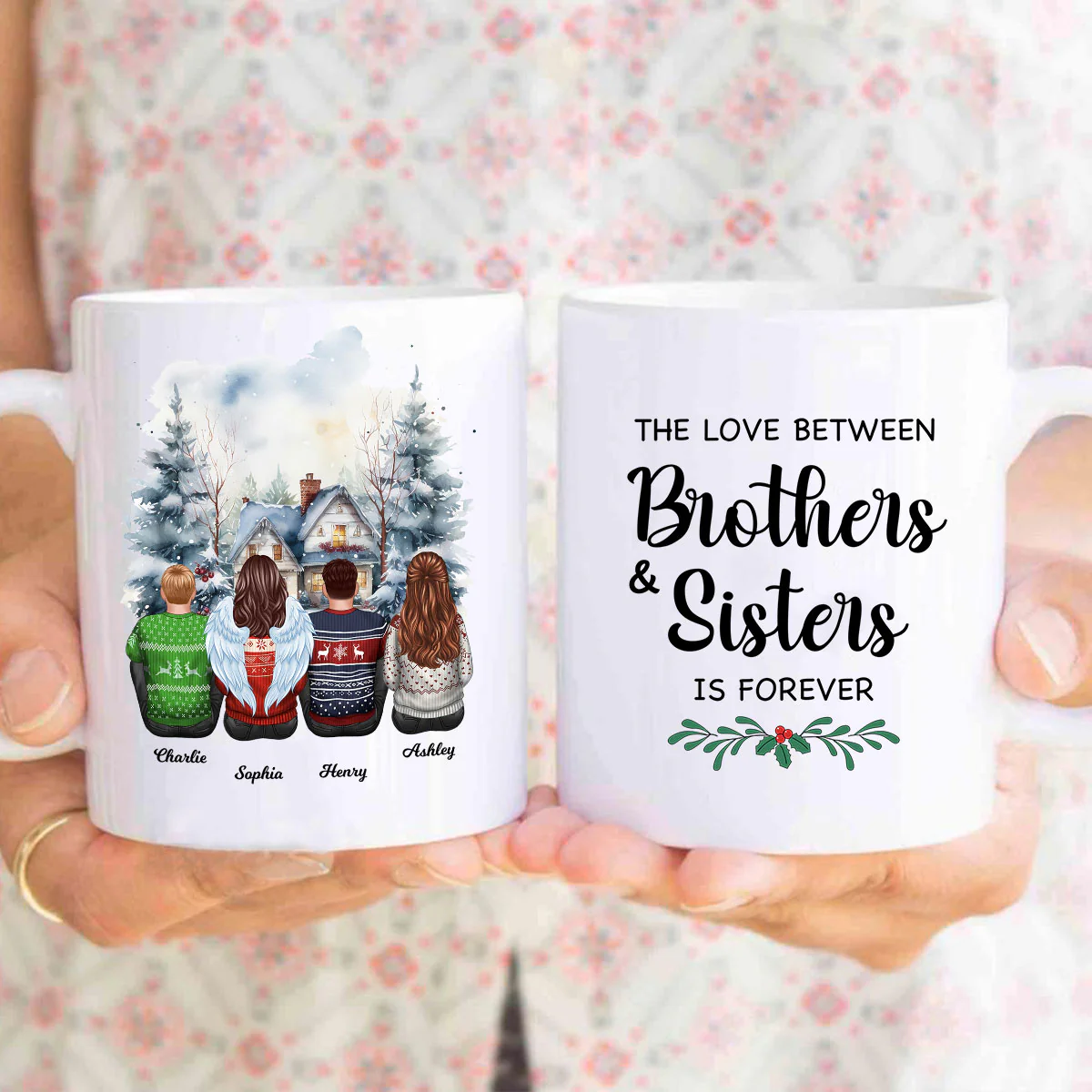 Brother Sisters Watercolor Christmas House Personalized Mug, Christmas Gift for Siblings - Image 4
