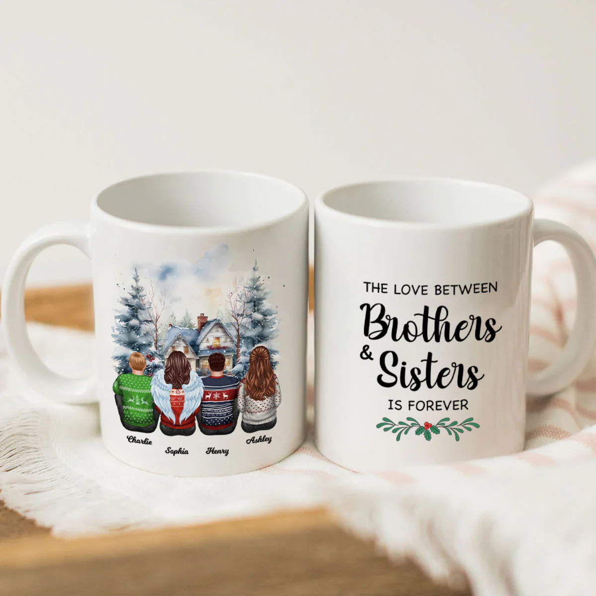 Brother Sisters Watercolor Christmas House Personalized Mug, Christmas Gift for Siblings - Image 5