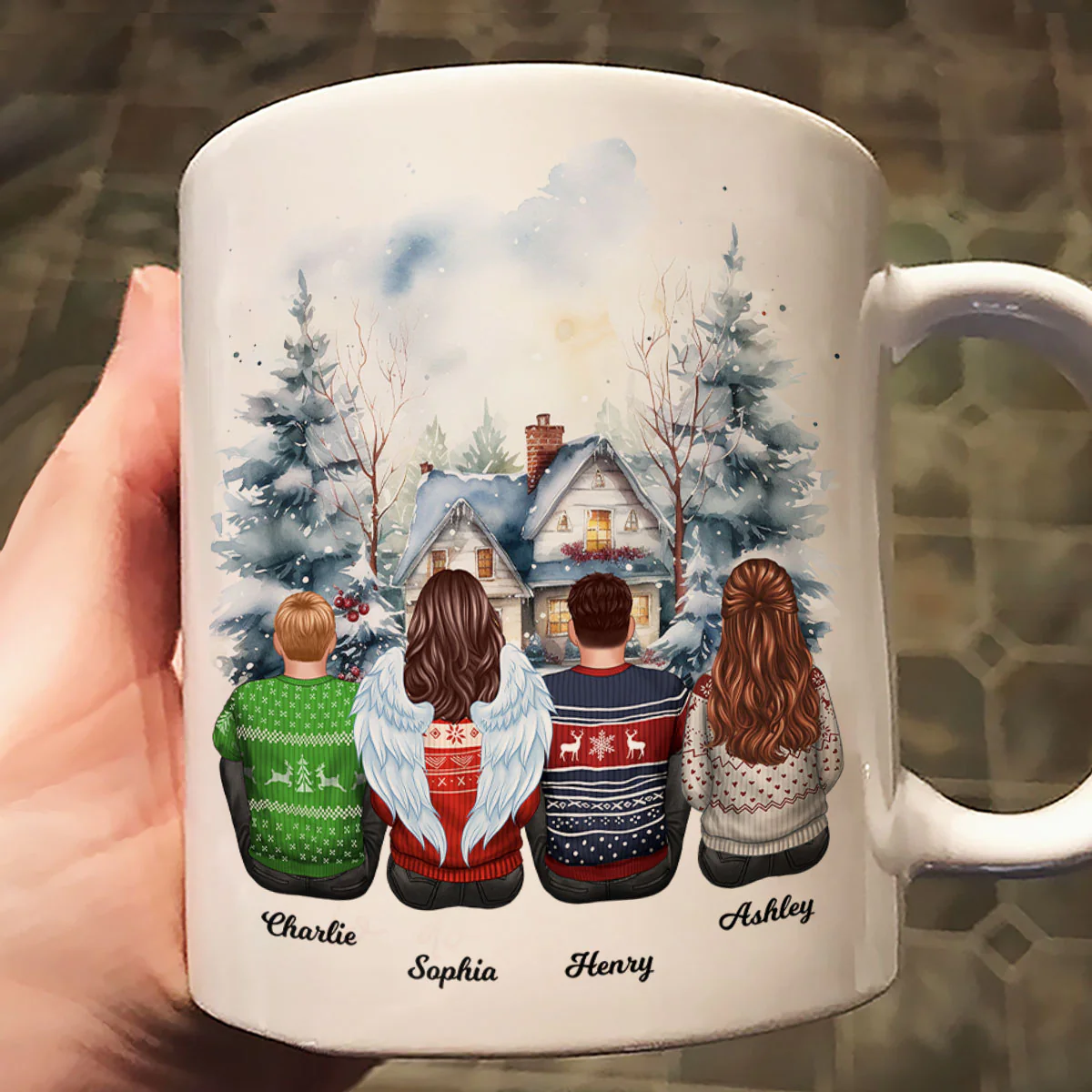 Brother Sisters Watercolor Christmas House Personalized Mug, Christmas Gift for Siblings - Image 6